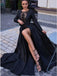A-Line Round Neck Long Sleeves Black Long Prom Dress INK61