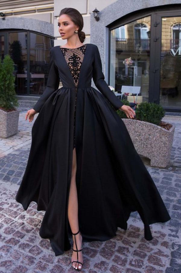 A-Line Round Neck Long Sleeves Black Long Prom Dress INK61