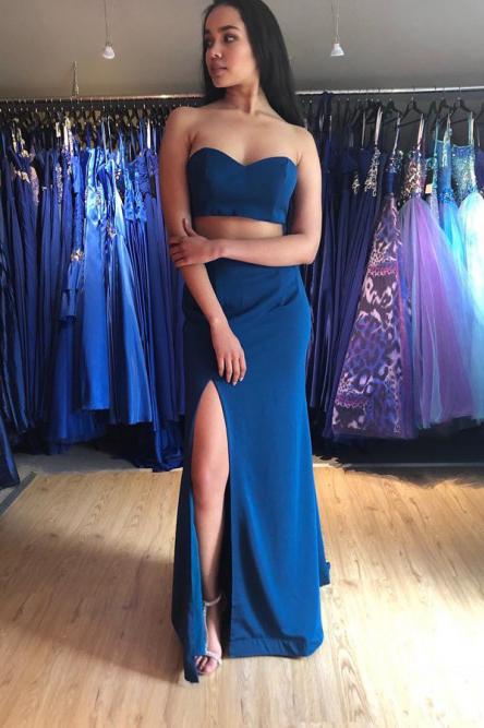 Two Piece Mermaid Sweetheart Royal Blue Prom Dress with Split INN13
