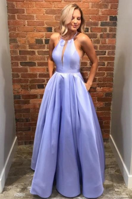 A-Line Crew Floor Length Lilac Satin Prom Dress with Pockets INN19