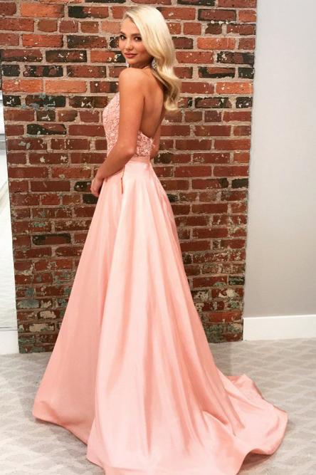 A-Line Halter Backless Sweep Train Pink Prom Dress with Appliques INN21
