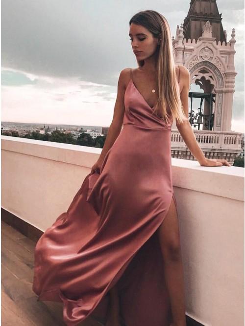 Sheath Spaghetti Straps Floor-Length Blush Prom Dress with Split INN23