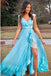 A-Line V-Neck Lace Up Light Blue Long Prom Dress with Beading Split INN24