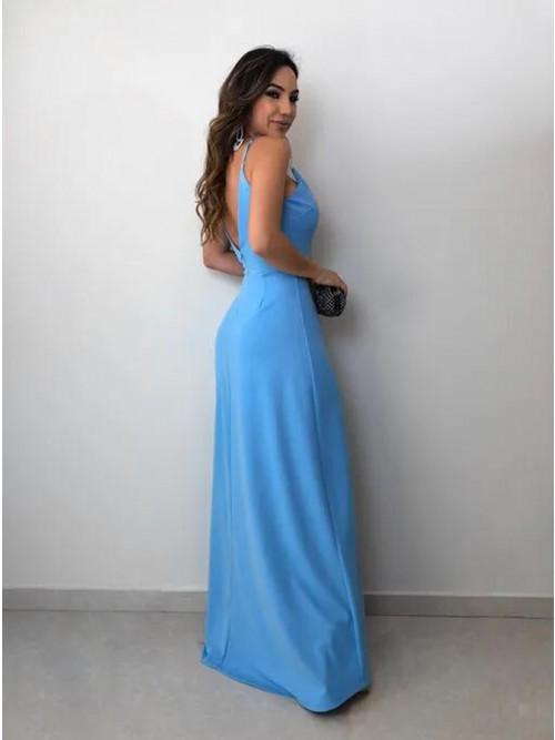 A-Line Spaghetti Straps Floor-Length Sky Blue Prom Dress with Split INN30
