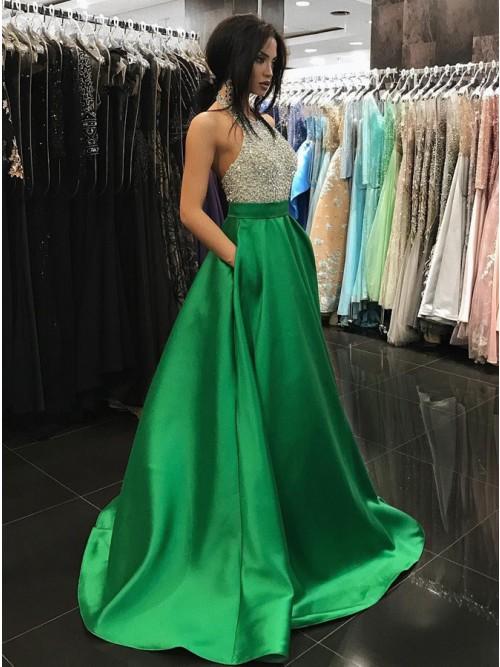 A-Line Halter Backless Sweep Train Royal Blue Prom Dress with Beading Pockets INN33