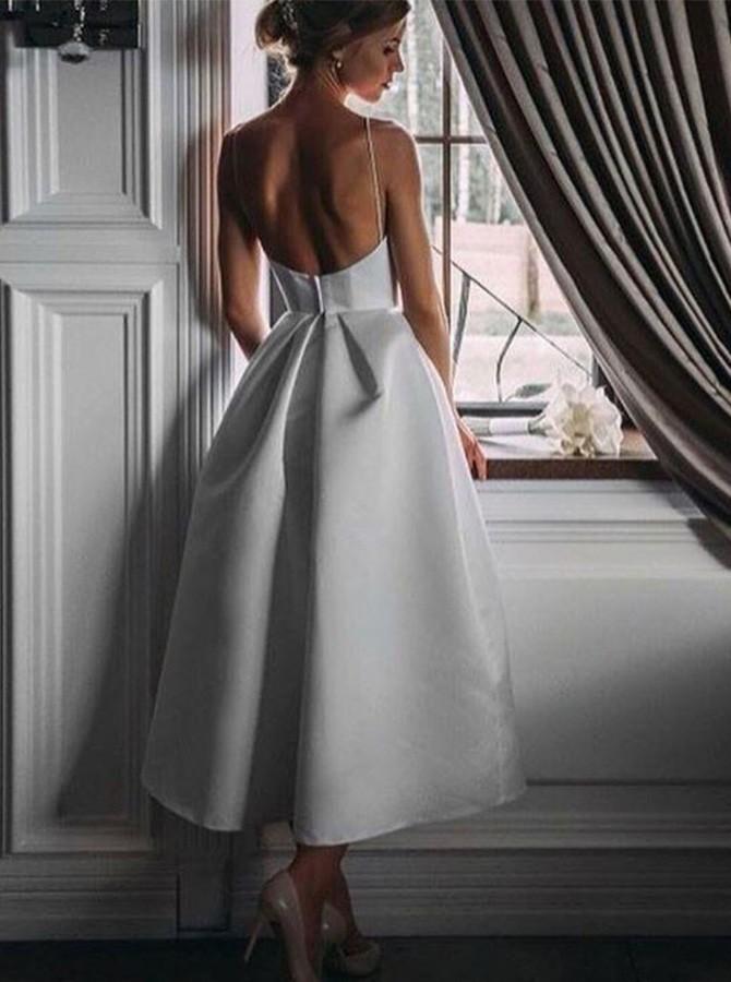 Spaghetti Straps White Prom Dress with Pockets Tea-Length Party Dress INL72