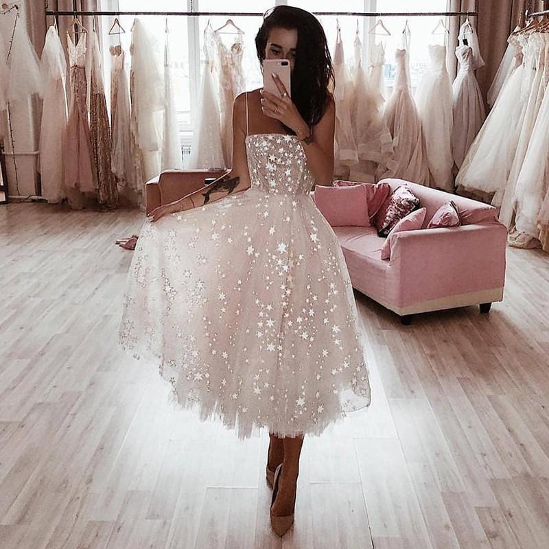 A Line Spaghetti Straps Tea Length Pearl Pink Prom Wedding Dress With Stars INK73