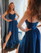 A Line Spaghetti Blue Prom Dresses, Long Split Cheap Evening Dress INI87