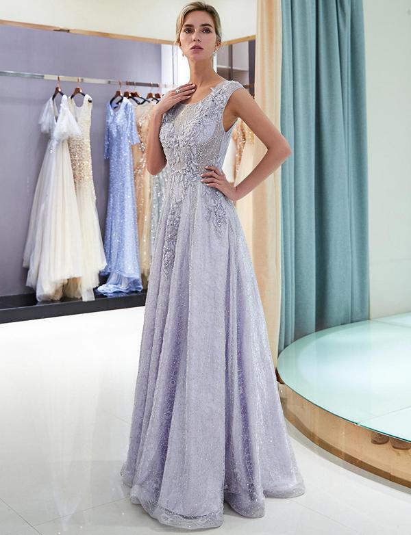 Elegant A Line Scoop Sleeveless Lavender Long Lace Prom Dress with Appliques INF16