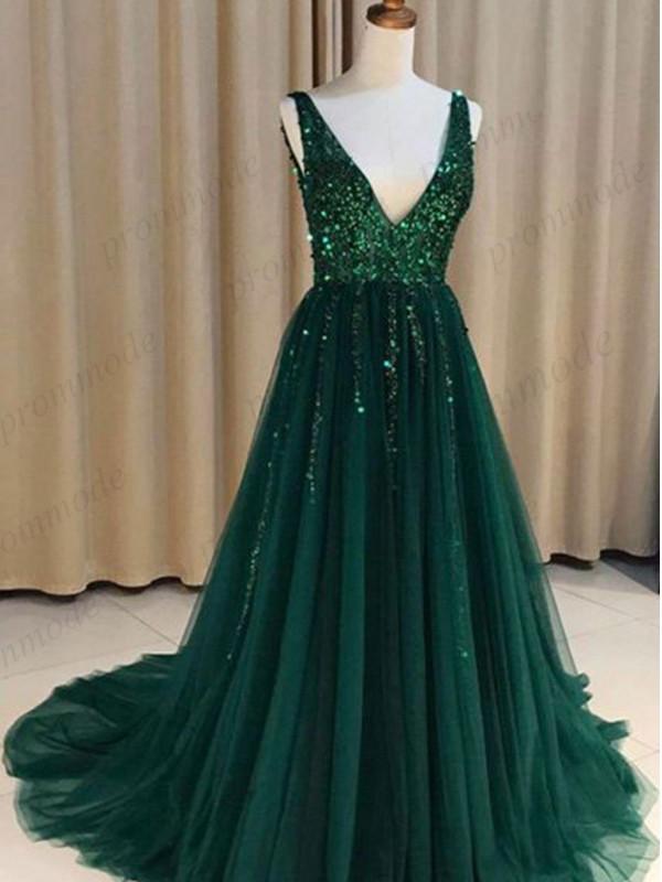 Sexy V-nevk V-back Green Tulle Evening Dresses,Cheap Long A Line Prom Dresses INI54