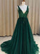 Sexy V-nevk V-back Green Tulle Evening Dresses,Cheap Long A Line Prom Dresses INI54