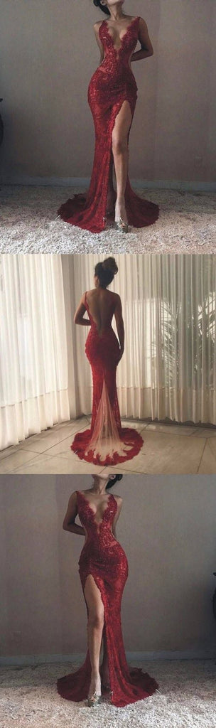 Sexy Backless Burgundy Lace High Slit Deep V Neck Mermaid Long Prom Dresses INA6