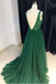 Sexy V-nevk V-back Green Tulle Evening Dresses,Cheap Long A Line Prom Dresses INI54