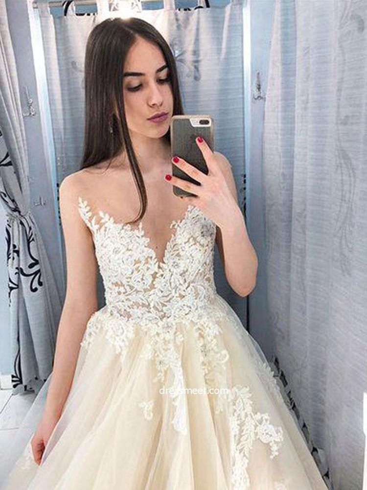 Charming Ball Gown Lace Appliques Long Prom Dresses, Elegant Evening Dresses INF9