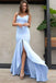 Mermaid V Neck Straps Backless Light Blue Satin Prom Dress with Split INE85