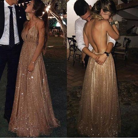 A-line Spaghetti Straps V-neck Sexy Backless Sequins Prom Party Dresses INF32