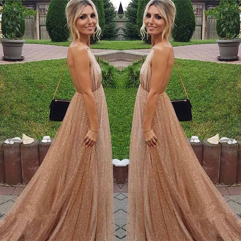 A-line Spaghetti Straps V-neck Sexy Backless Sequins Prom Party Dresses INF32