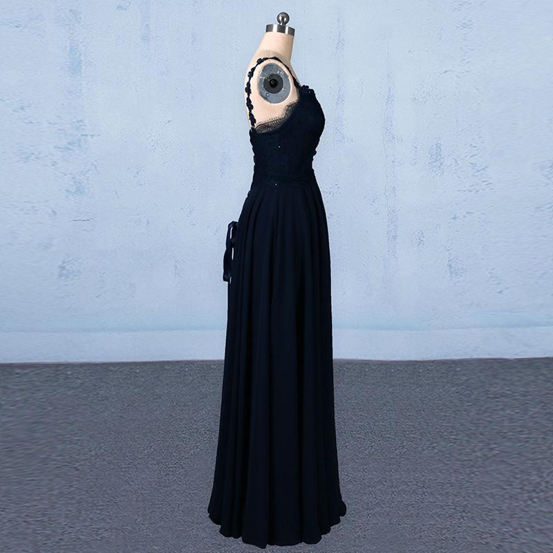Navy Blue Chiffon V Neck A Line Long Prom Dresses With Lace Top INQ21
