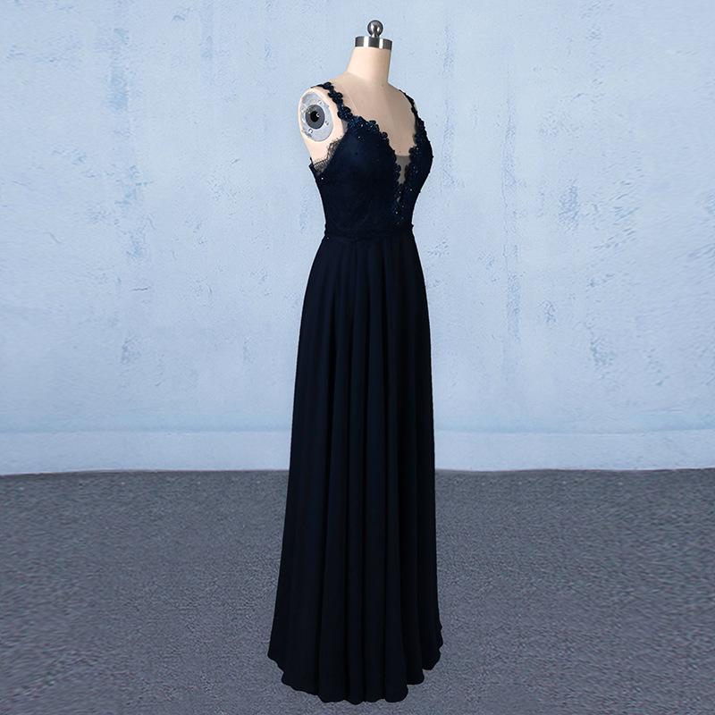 Navy Blue Chiffon V Neck A Line Long Prom Dresses With Lace Top INQ21