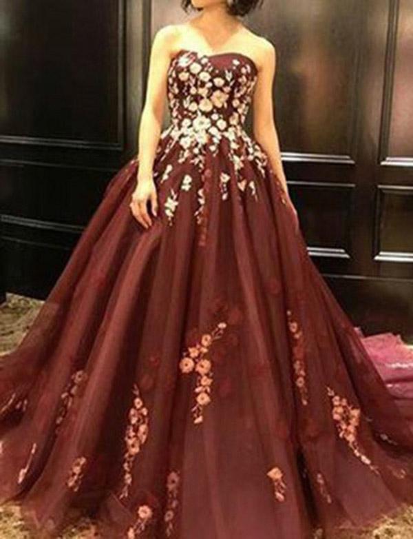 Strapless Burgundy Sleeveless Long Prom Dress with Appliques INH36