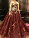 Strapless Burgundy Sleeveless Long Prom Dress with Appliques INH36