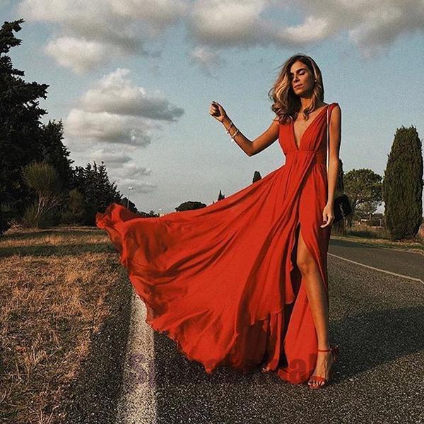 Red Sexy Simple Deep V neck Side Split Chiffon Prom Dresses IN902