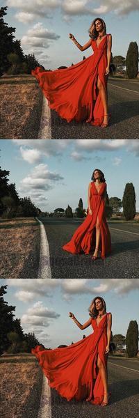 Red Sexy Simple Deep V neck Side Split Chiffon Prom Dresses IN902
