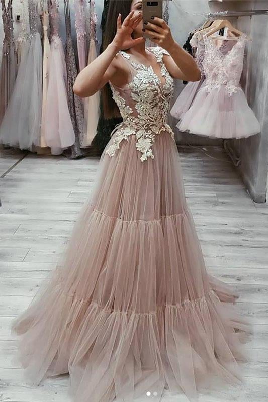 V Neck Tulle Lace Appliques Long Prom Dress, Cheap Tulle Evening Dresses ING21