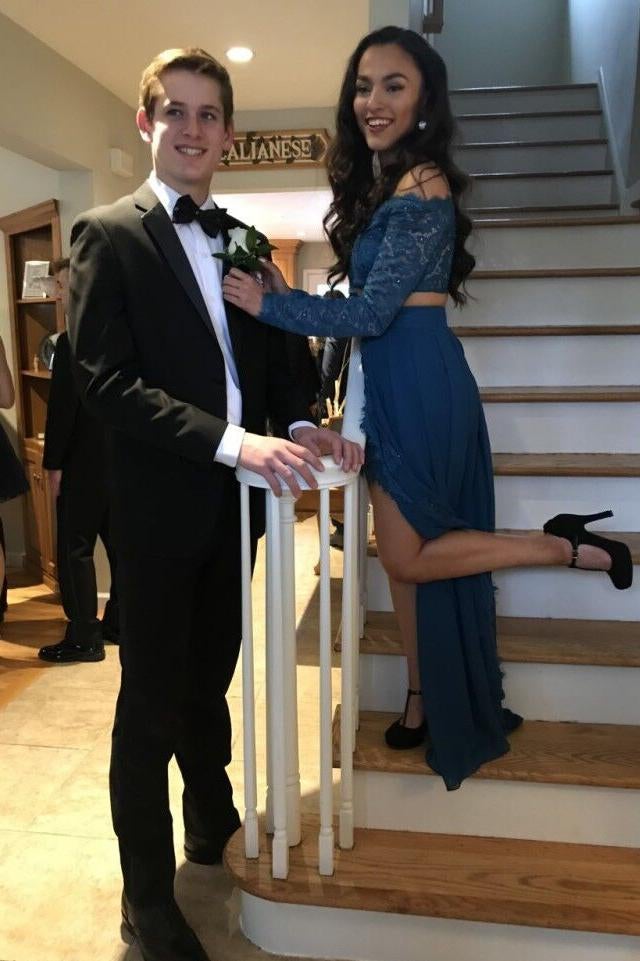 Sexy Dark Teal Two Piece Off the Shoulder Long Sleeves Lace Chiffon Prom Dress INA45