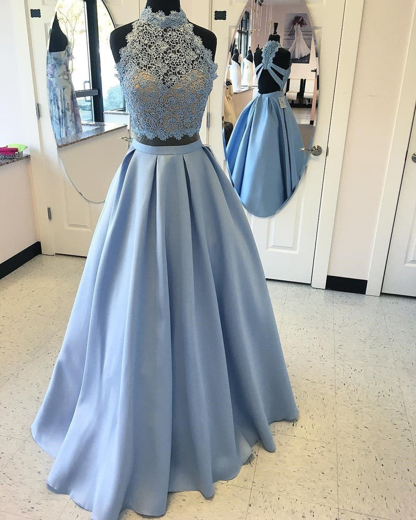 2 Piece Satin High Neck Prom Gown,Floor Length Prom Dress With Lace Top INC76