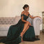 A Line Dark Green Chiffon High Split Prom Dress,Sexy Lace Top Party Gown IN842