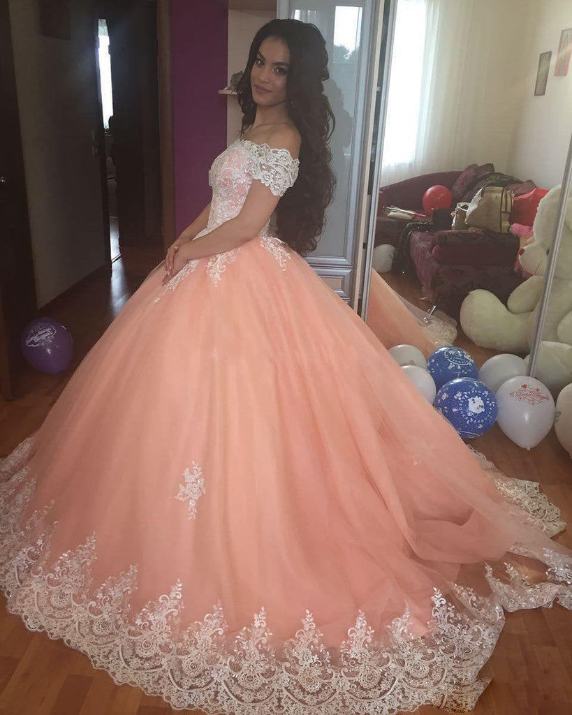 Off the Shoulder Lace Appliques Ball Gown Cheap Prom Dresses,Quinceanera Dresses INH96