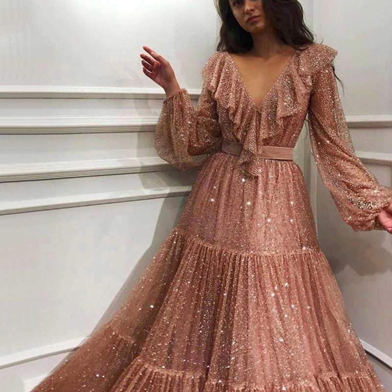 Sparkle V-neck Long Sleeves V-neck Pink Evening Prom Dresses with Ruffles INH92