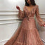 Sparkle V-neck Long Sleeves V-neck Pink Evening Prom Dresses with Ruffles INH92