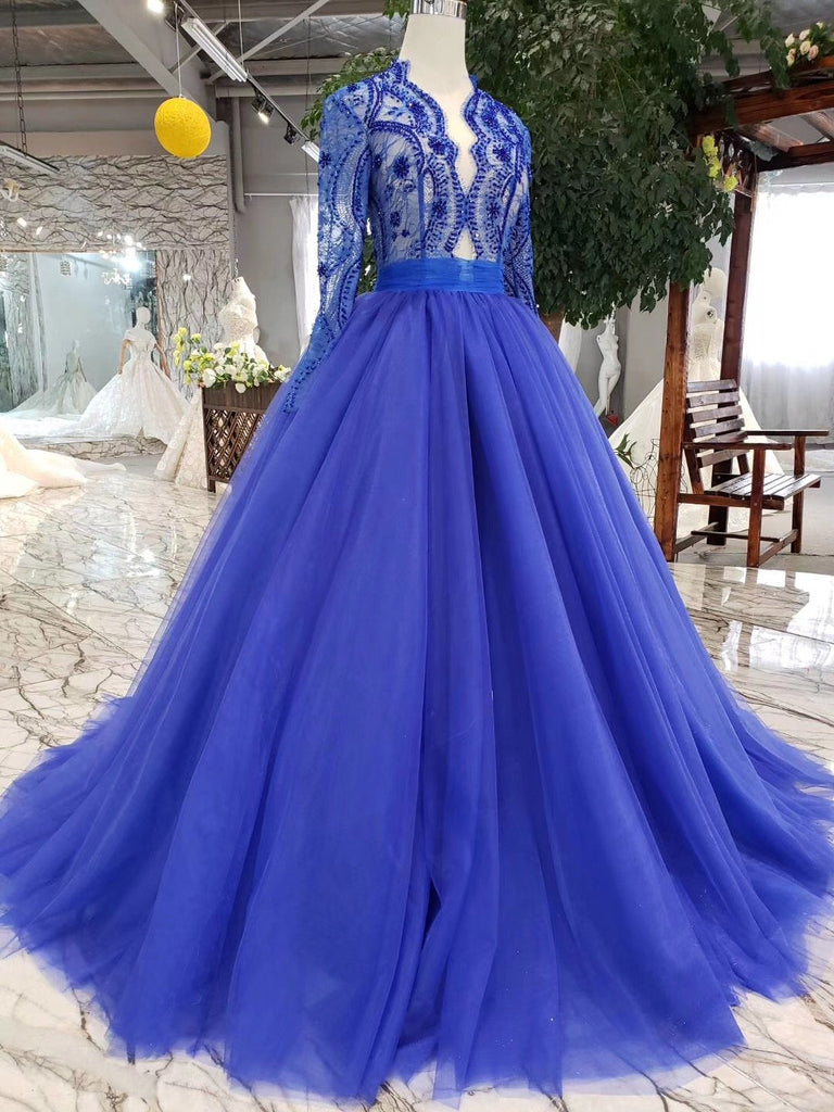 Royal Blue Tulle Long Sleeves Prom Dresses, Quinceanera Dresses INK8