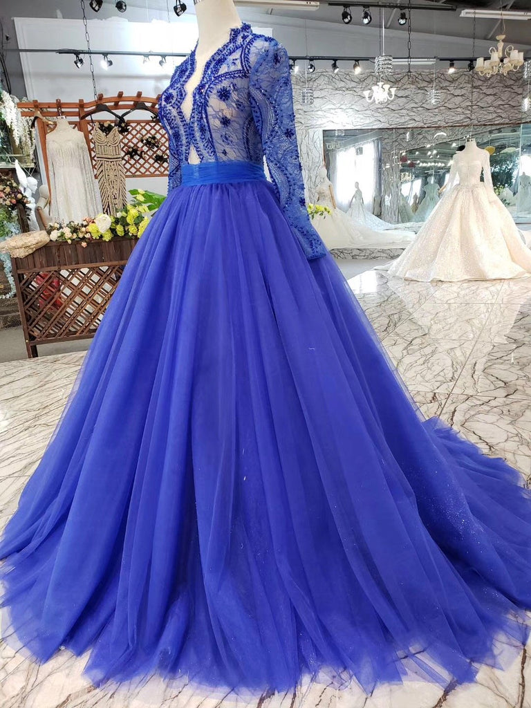Royal Blue Tulle Long Sleeves Prom Dresses, Quinceanera Dresses INK8