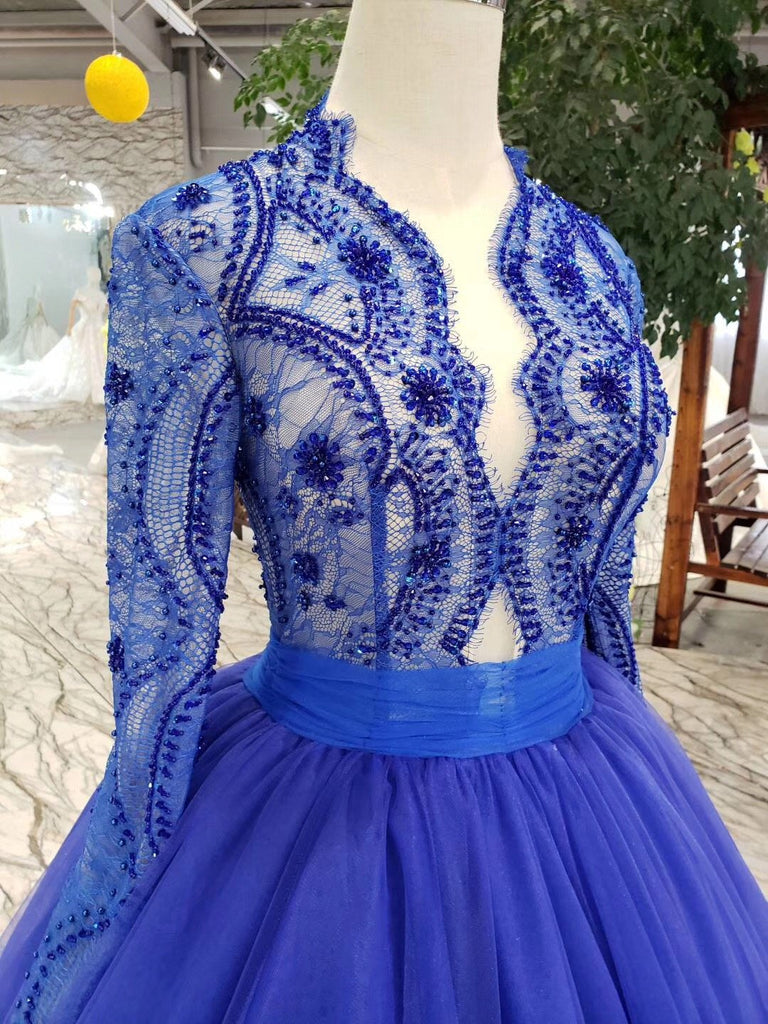 Royal Blue Tulle Long Sleeves Prom Dresses, Quinceanera Dresses INK8