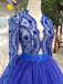 Royal Blue Tulle Long Sleeves Prom Dresses, Quinceanera Dresses INK8