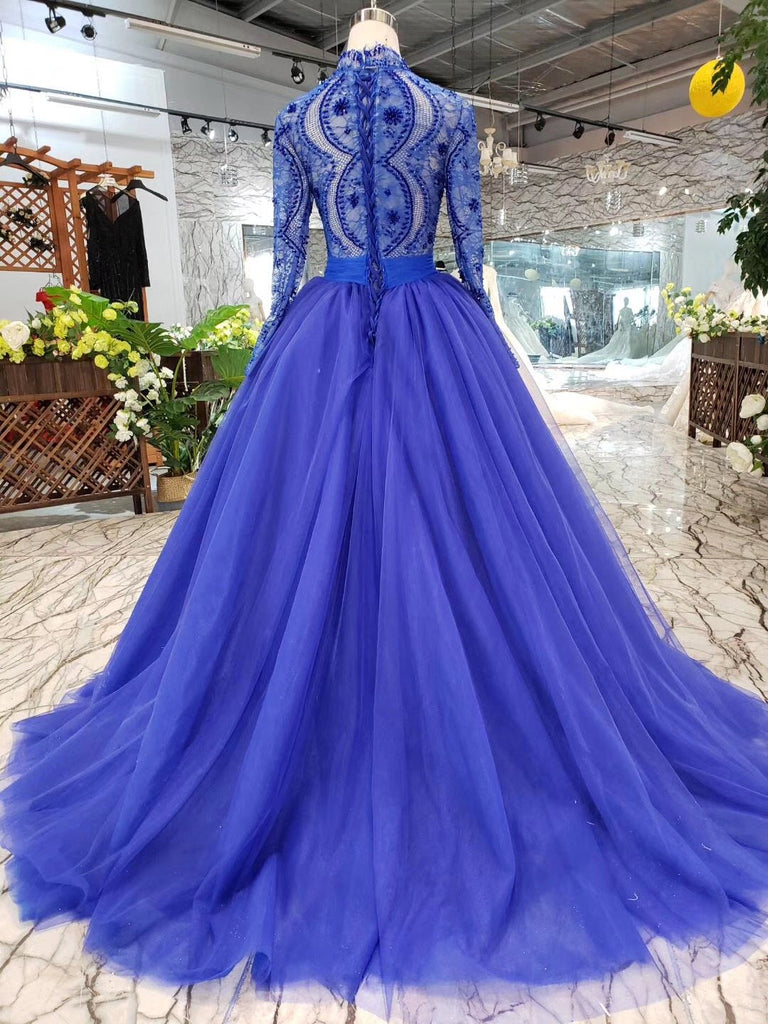 Royal Blue Tulle Long Sleeves Prom Dresses, Quinceanera Dresses INK8