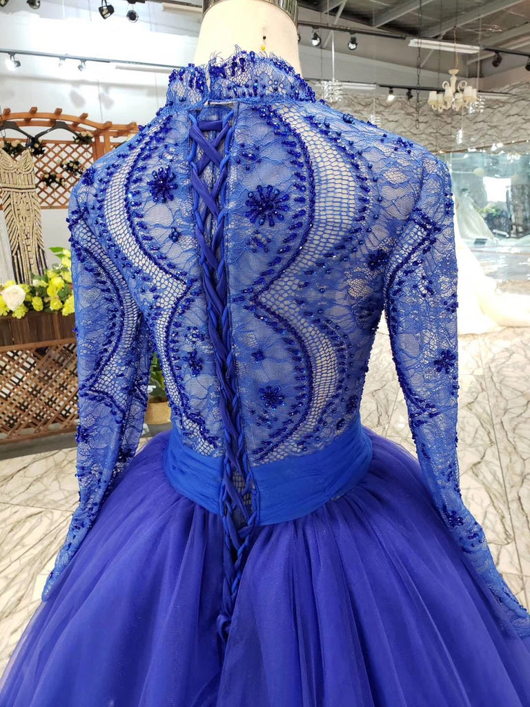 Royal Blue Tulle Long Sleeves Prom Dresses, Quinceanera Dresses INK8