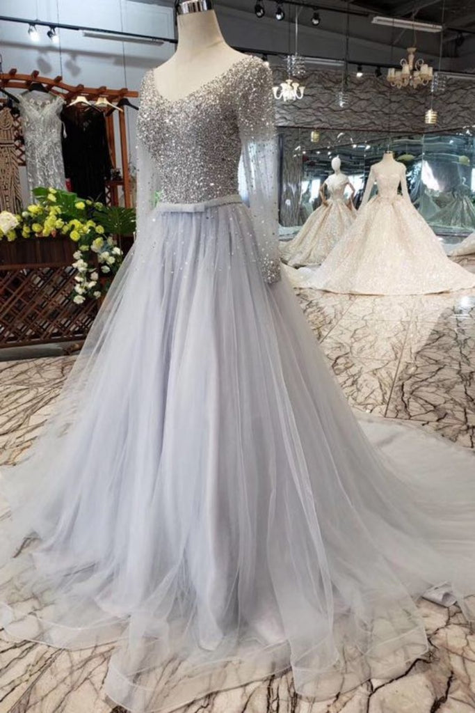 Long Sleeves V Neck Tulle A Line Sequins Prom Dresses INK10