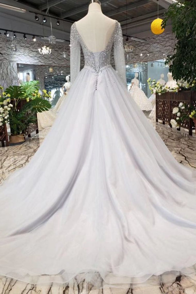 Long Sleeves V Neck Tulle A Line Sequins Prom Dresses INK10