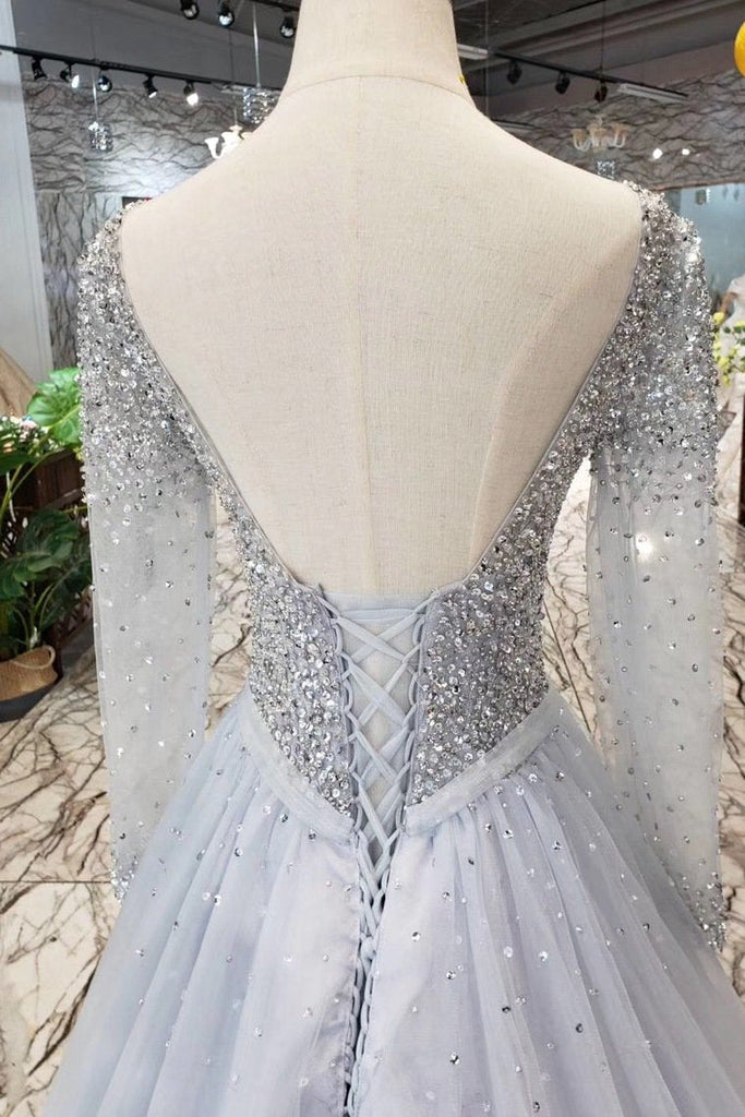 Long Sleeves V Neck Tulle A Line Sequins Prom Dresses INK10