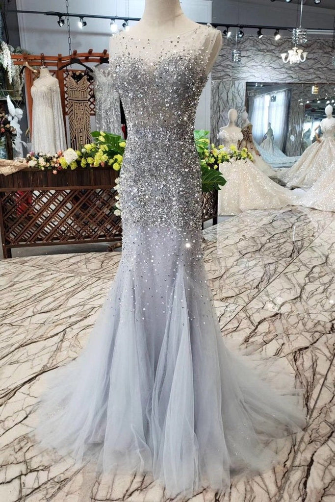 New Arrival Sequins Bodice Prom Dresses Tulle Mermaid Sweep Train INK11