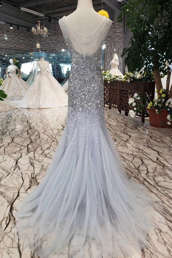 New Arrival Sequins Bodice Prom Dresses Tulle Mermaid Sweep Train INK11