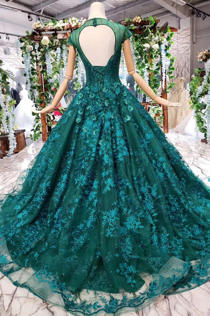 New Arrival Prom Dresses Court Train Scoop Cap Sleeves Lace Up Back INK13