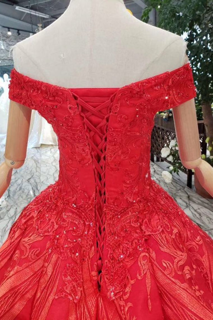 Red Quinceanera Dresses Off The Shoulder Lace Up Back Appliques Beads INK14