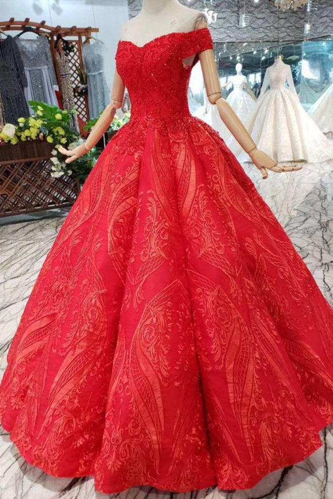Red Quinceanera Dresses Off The Shoulder Lace Up Back Appliques Beads INK14
