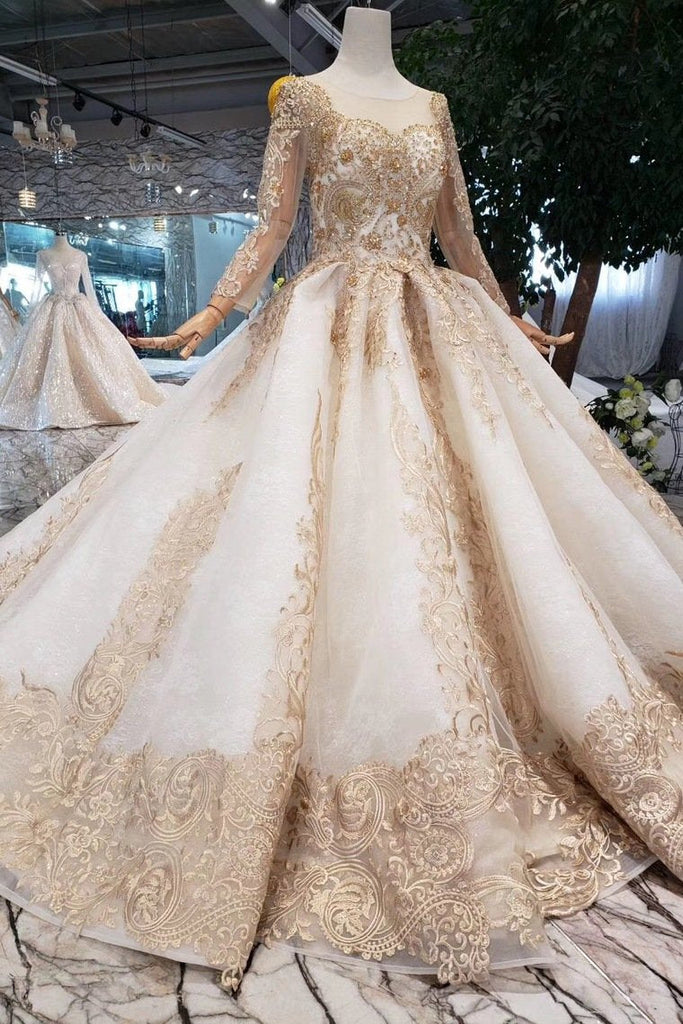New Arrival Prom Dresses Long Sleeves Ball Gown Scoop With Applique Beads Lace Up Back INK16
