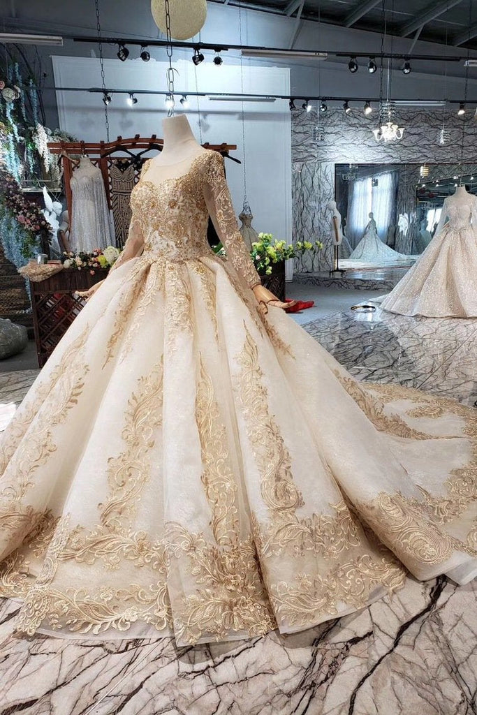 New Arrival Prom Dresses Long Sleeves Ball Gown Scoop With Applique Beads Lace Up Back INK16